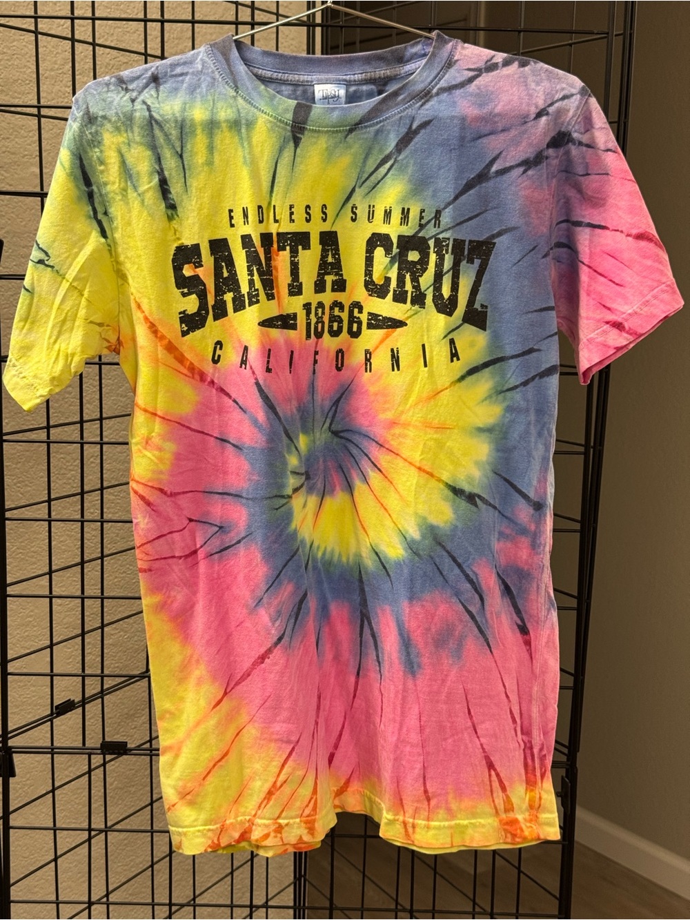 Santa Cruz Tie-Dye Short Sleeve Tee in Yellow, Pink & Blue Med. Pit 19” L 28”